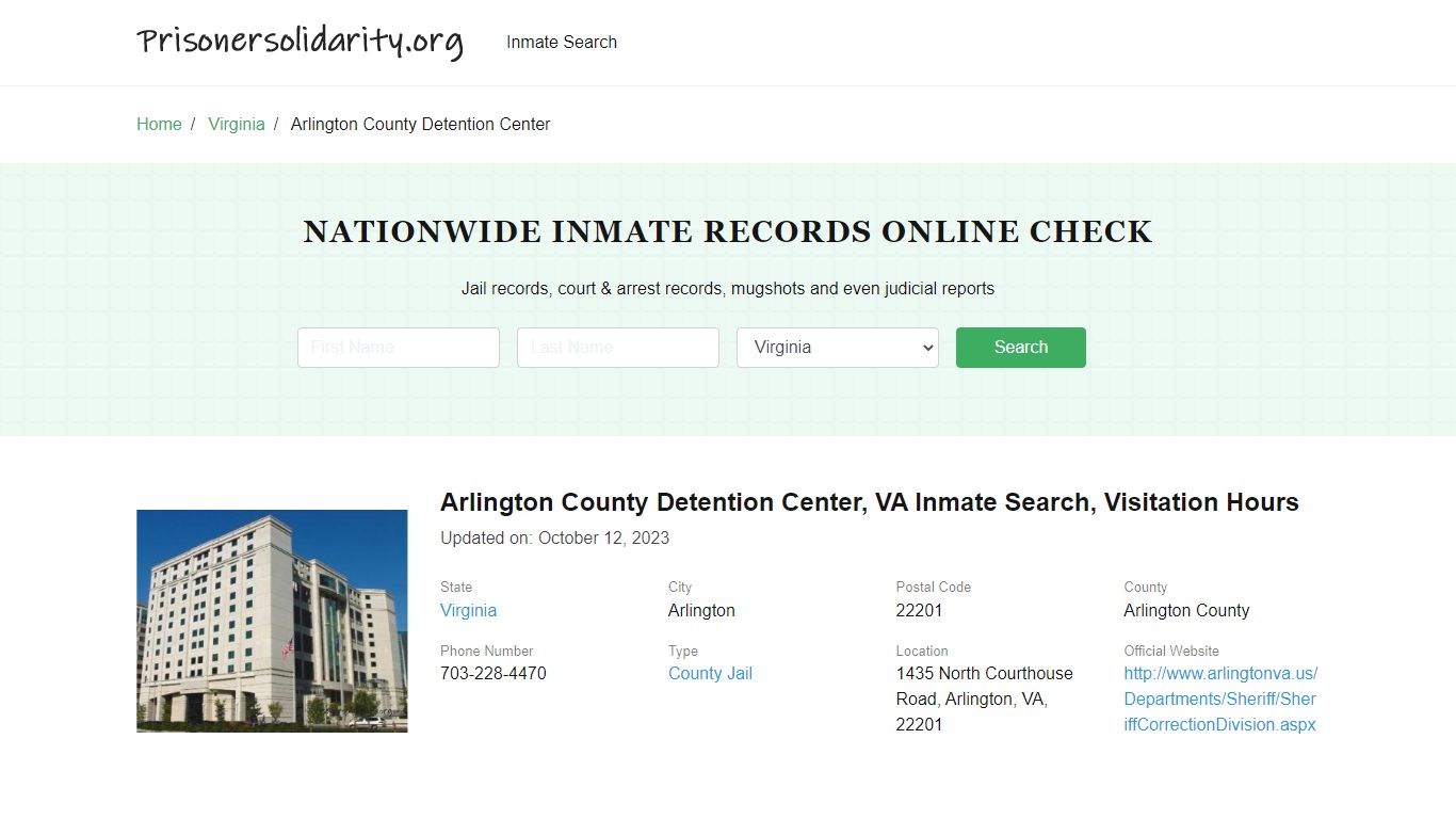 Arlington County Detention Center, VA Inmate Search, Visitation Hours